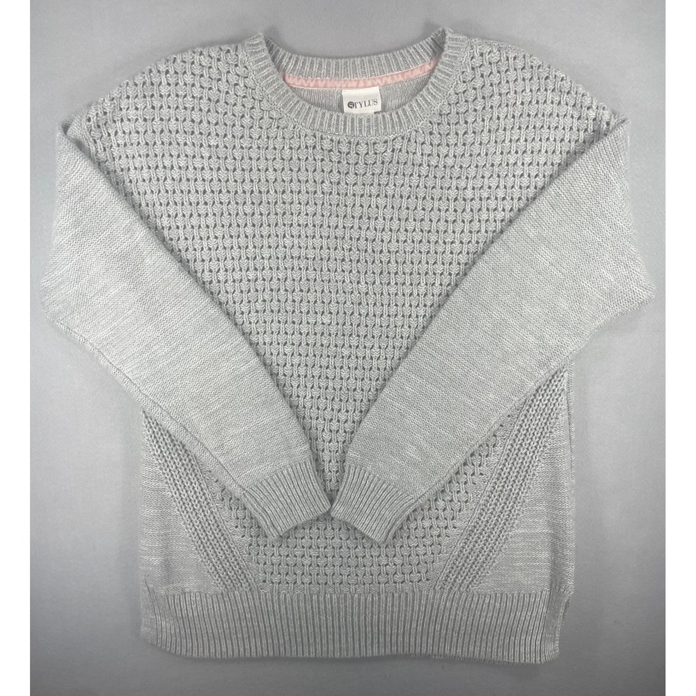 Stylus Womens Sweater Crew Neck Gray Waffle Knit Cotton Blend Large